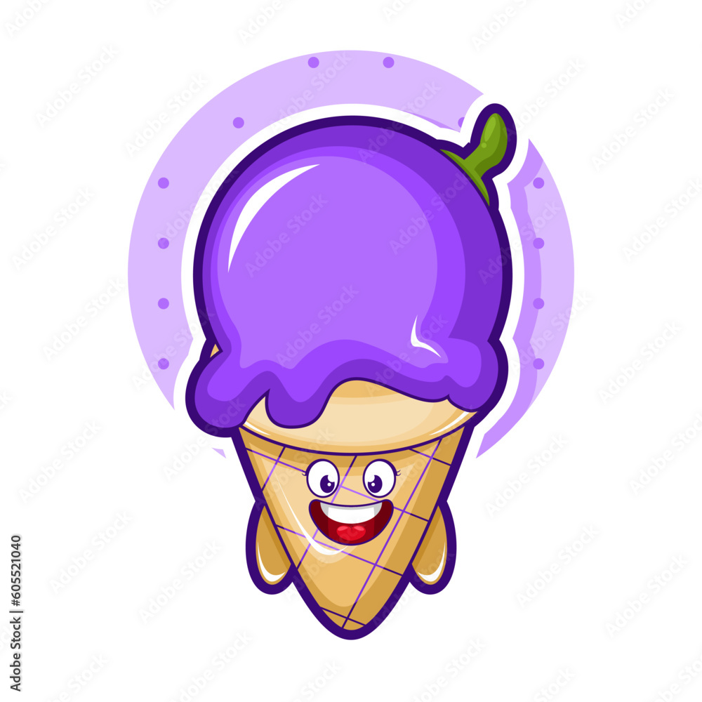 Obraz premium Cartoon illustration of grape ice cream with smiley face