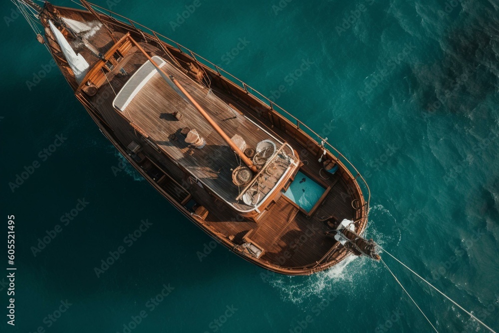 Bird's eye view of posh boat docked on exotic shore imagined with. Generative AI