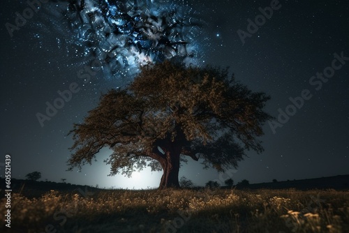 Solitary tree against a starry sky. Generative AI