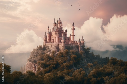 A castle fit for a fairy tale princess is nestled among the clouds, boasting pink towers. Generative AI