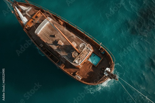 Bird's eye view of posh boat docked on exotic shore imagined with. Generative AI