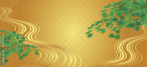 青もみじと金箔tと流水文様の背景ベクターイラスト