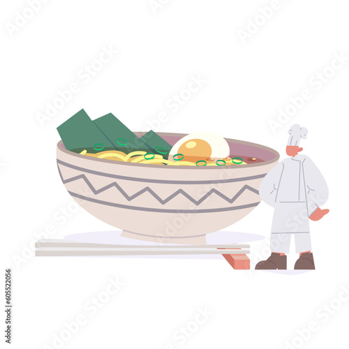 Bowl with ramen served with chopsticks and spoon. Japanese noodle soup with shrimps, salmon, egg, nori, spinach and sesame seeds. Traditional Asian food.