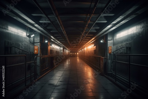 3D rendered industrial underground hallway with metal grating and lighting for wallpaper background. Generative AI
