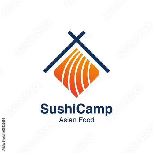 Unique logo combination of salmon meat and tent. It is suitable for use for restaurant logos.