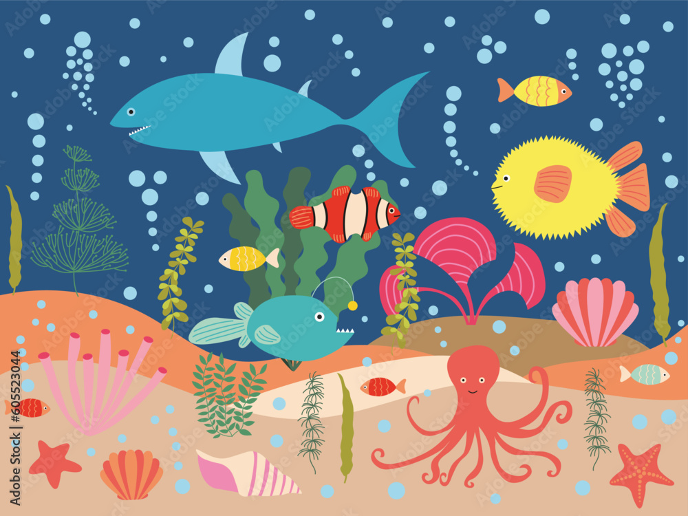 Vector underwater ocean landscape with corals, seaweeds, shells and fish. Flat aquatic ecosystem with coral little fish, octopus, algae, shark, globefish and shells. Vector underwater ocean landscape with corals, seaweeds, shells and fish. Flat aquatic ecosystem with coral little fish, octopus, algae, shark, globefish and shells.