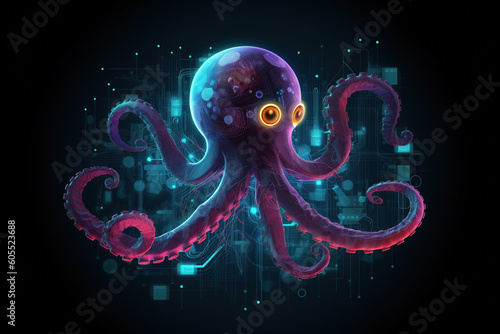 An octopus with light that is in the digital world on a dark background. Sea animals. illustration, generative AI.