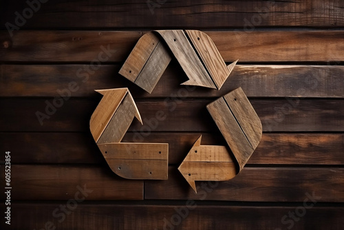 Wooden recycling logo with sustainable energy concept on dark wood background, generative AI