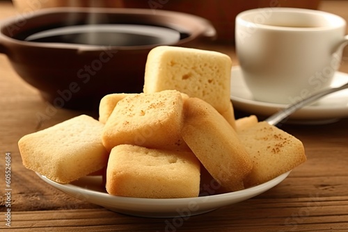 delicious plate of shortbread cookies next to a steaming cup of coffee Generative AI