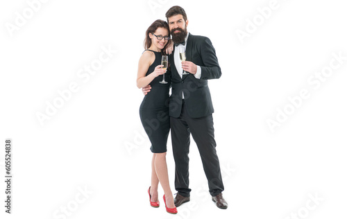 Two hearts full of love. couple drink champagne. charity event for toffs. special occasion. confident and successful. tuxedo man with beard and elegant woman. happy valentines day. couple in love