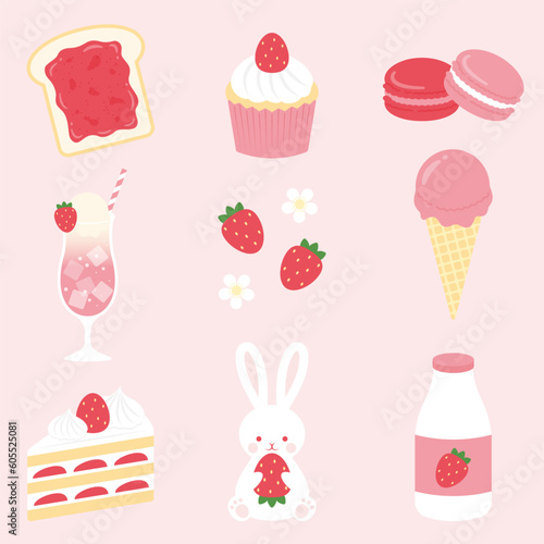 a set of strawberry cakes and desserts vector illustrations for banners, cards, flyers, social media wallpapers, etc.