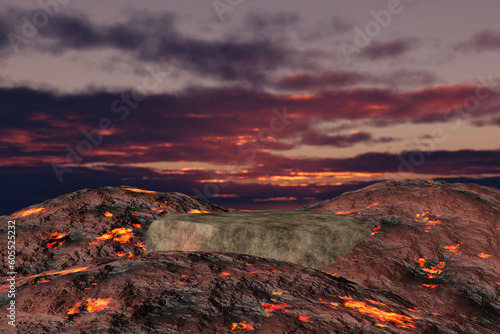 Abstact 3D render Platform backgrond, Stone podium on the lava and magma with rocks smelt in volcano, backdrop sunset and