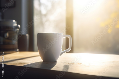 Standard white mugs standing on white table in kitchen. Hot coffee cup on table. Empty blank white mug mockup template. Realistic 3D illustration. Generative AI