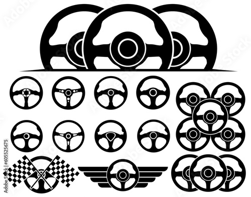 Set collections Steering Wheel silhouette icon. Car steer logo template design vector illustration	