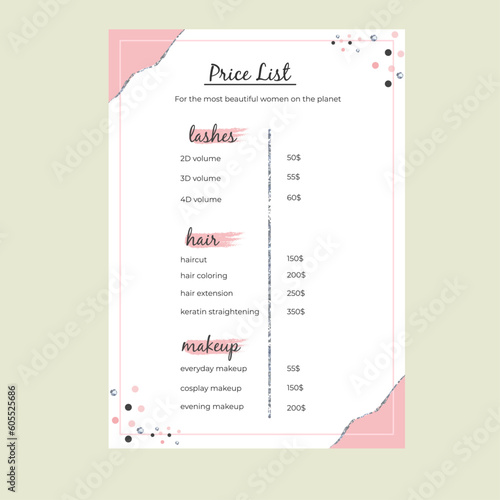Price list with glitter for a beauty salon