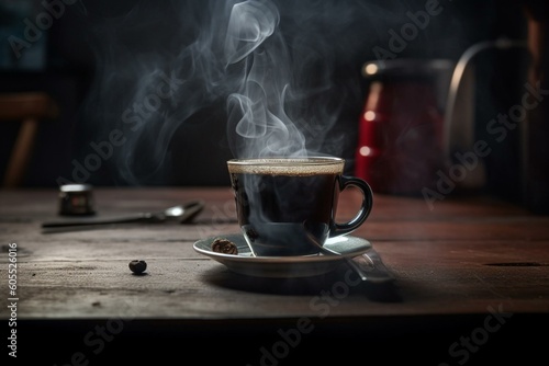 Hot black coffee on rustic table with steam. Generative AI