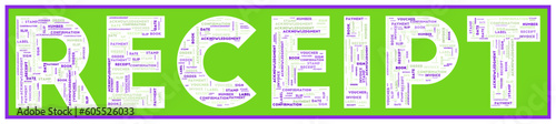 RECEIPT text filled with related keywords of various sizes. Receipt word cloud. Astonishing vector illustration.