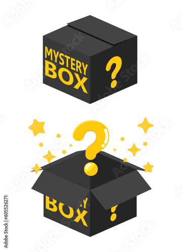 Open and Close Black mystery gift box and question icon isolated on white background. Random reward present secret loot box isometric concept. Vector illustration cartoon flat design.