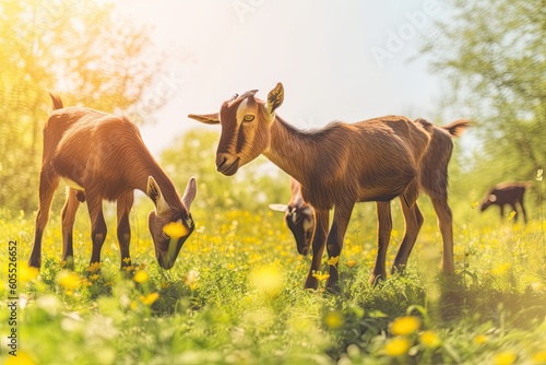 two goats grazing on a verdant pasture Generative AI