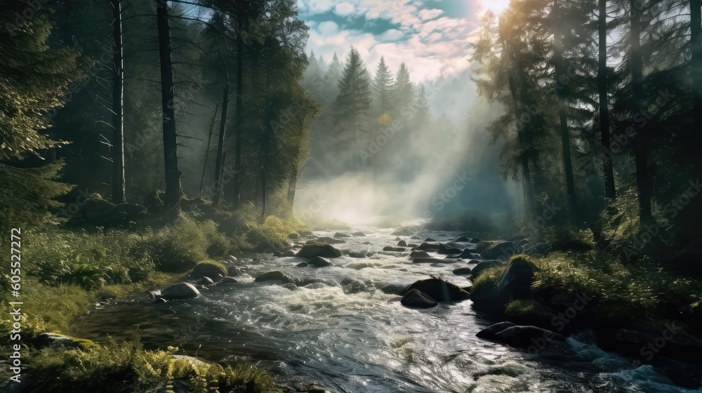 Forest Landscape With Sunrise Morning Foggy Weather Generated AI Forest Landscape With Sunrise Morning Foggy Weather Generated AI