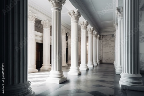 Row of white marble columns inside a building. Generative AI photo