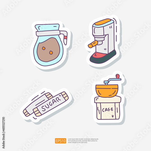 Coffee Maker Machine, Tea Kettle Jug, Sugar Sachet, and Coffee Hand Grinder. Doodle Sticker Icon Set. Cafe Concept Vector Illustration