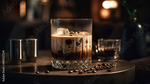White russian cocktail in glass on wooden board in a stylish modern lounge with sleek glassware and soft inviting lighting. Refreshing White Russian Cocktail. Realistic 3D illustration. Generative AI