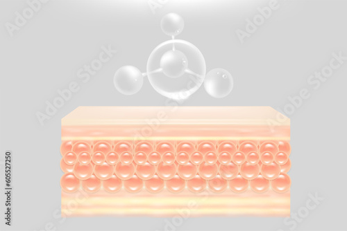Hyaluronic acid hair and skin solutions ad, white collagen serum drop into skin cells with cosmetic advertising background ready to use, illustration vector.