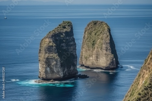 two rocky outcrops emerging from the sea Generative AI photo