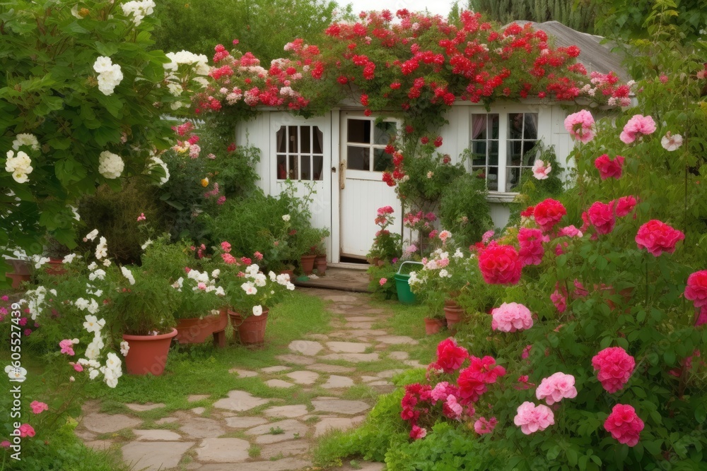 colorful garden with a white door leading to natures beauty Generative AI