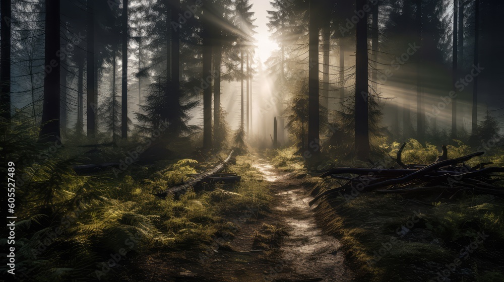 Fototapeta premium Forest Landscape With Sunrise Morning Foggy Weather Generated AI