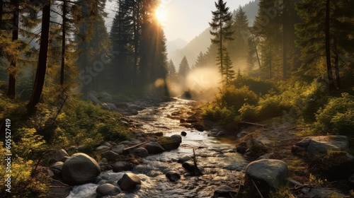 Forest Landscape With Sunrise Morning Foggy Weather Generated AI