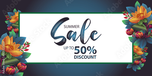 Summer sale banner with blue flowers on blue background. Banner perfect for promotions, magazines, advertising, web sites. Vector illustration.