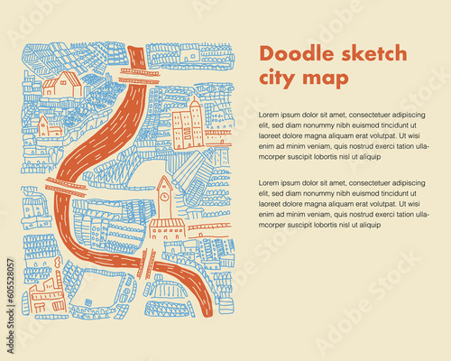 Doodle sketch city map  illustrations river, building and street