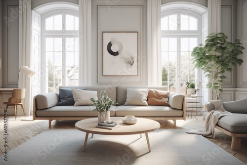 Bright scandinavian living area w  couch. 3D model. Generative AI