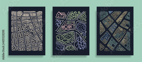 Freehand colorful line art city map, city streets and villages, set of doodle map