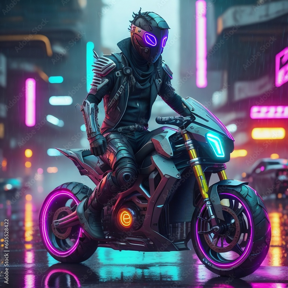 Cyberpunk riding a motorcycle in violet city ready to race with enemies Cyberpunk riding a motorcycle in violet city ready to race with enemies