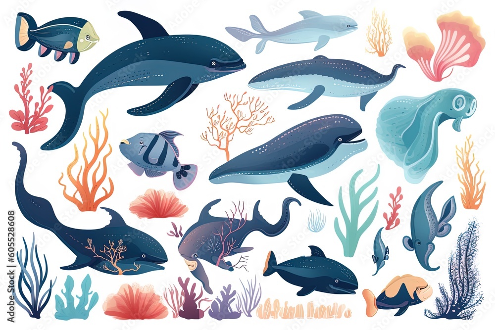 Obraz premium Marine wildlife in blue pastel tone using generative AI
