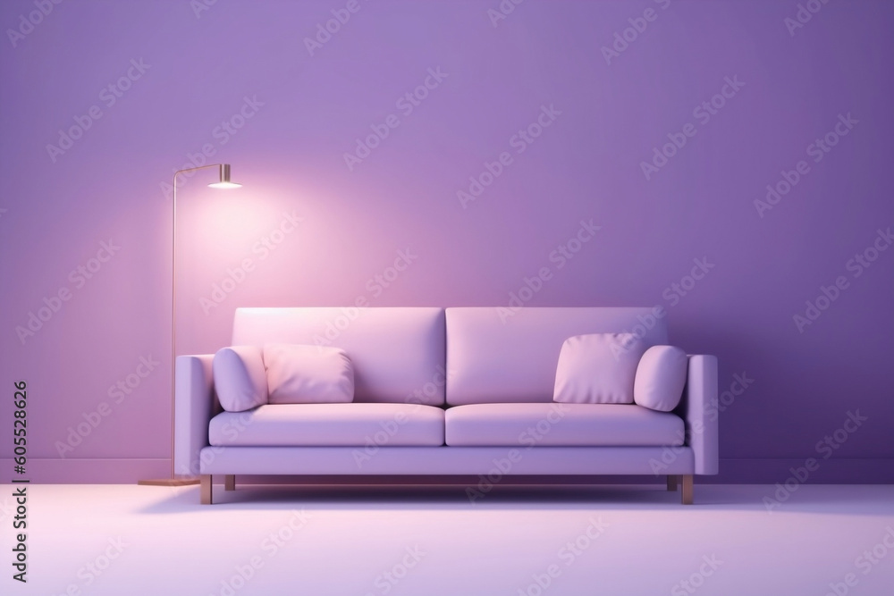 Cosy modern purple sofa on minimalist background - 3D illustration, generative AI