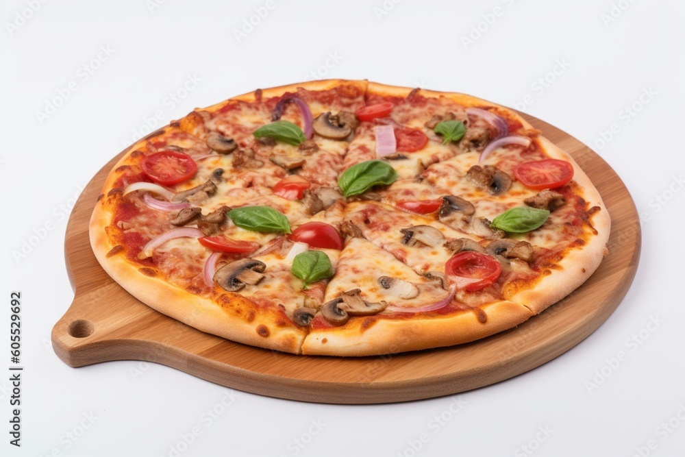Classic supreme pizza on white background. Generative AI