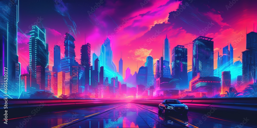 Aesthetic city synthwave wallpaper with a cool and vibrant neon design, Generative AI