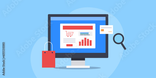 Ecommerce seo concept, making online web store visible to search engine, increasing website traffic and sales conversion. Vector illustration web banner.