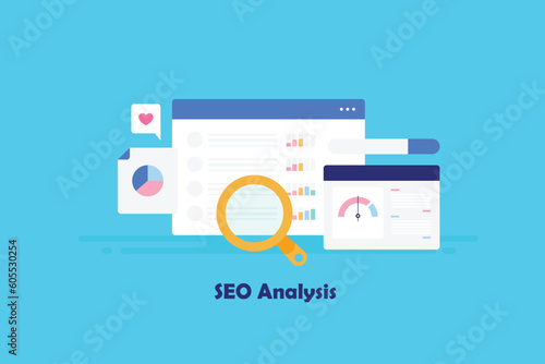 Business intelligence software analysing website keyword ranking, site speed, competitive analytics displays data statistics. SEO audit reporting, Vector illustration web banner.