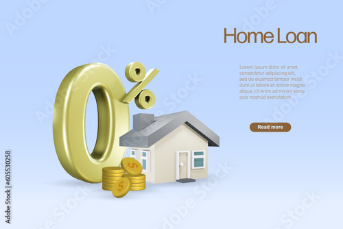 Home loan, mortgage refinance concept. House with zero percent interest fee offer. Banking, financial loan campaign. 3D vector.
