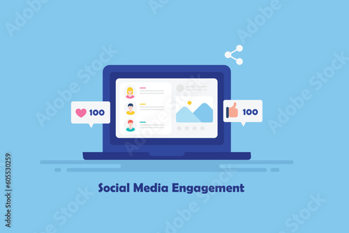 Social media post engagement and audience activity displays on interactive dashboard laptop screen, Saas application for digital marketing campaign, vector illustration.