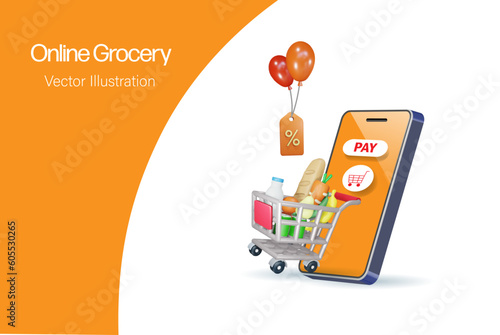 Online grocery service.  Shopping trolley cart with bill receipt on smart phone app. Online delivery, shopping service and e-commerce internet mobile application. 3D vector.