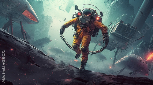 Fantasy Illustration: Astronaut Exploring Planet Surface with Cosmic Background - Moonwalk in Futuristic Cosmosuit - Digital Art Concept