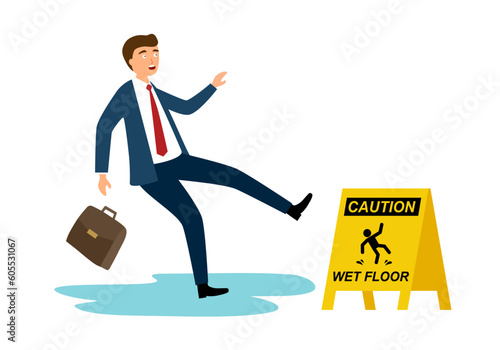 Man slip on wet floor in flat design on white background.