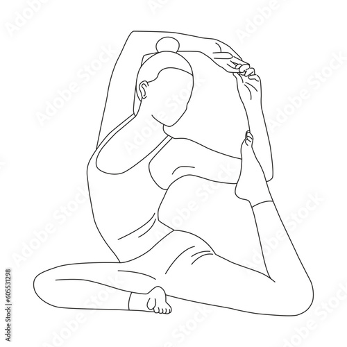 Line art of woman doing yoga in mermaid pose vector.