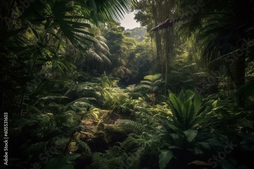 Lush jungle with gorgeous foliage, idyllic plant-life, and verdant surroundings. Generative AI